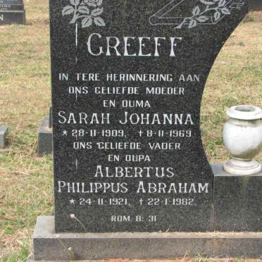 GREEFF Albertus Philippus Abraham 1921-1982 &amp; Sarah Johanna 1909-1969