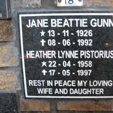 GUNN Jane Beattie 1926-1992 :: PISTORIUS Heather Lynne 1958-1997
