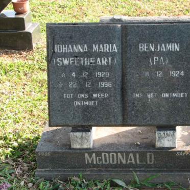 McDONALD Benjamin 1924- &amp; Johanna Maria 1920-1996