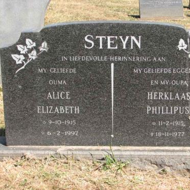 STEYN Herklaas Phillipus 1915-1977 &amp; Alice Elizabeth 1915-1997