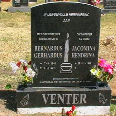 VENTER Bernardus Gerhardus 1946-2011 &amp; Jacomina Hendrina 1948-