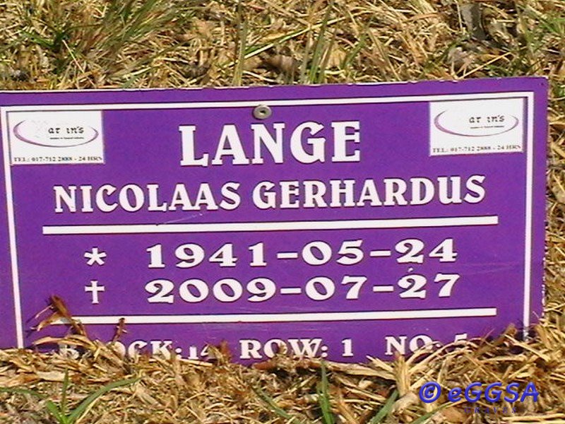 LANGE Nicolaas Gerhardus 1941-2009