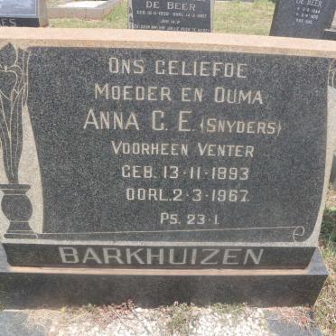 BARKHUIZEN Anna C.E. voorheen VENTER nee SNYDERS 1893-1967