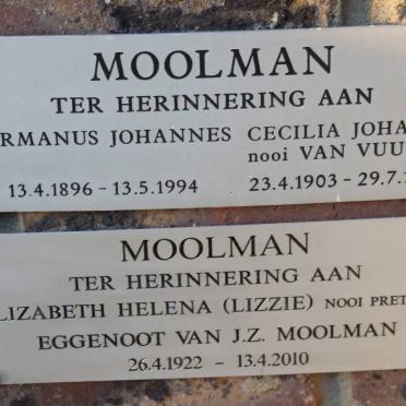 MOOLMAN Hermanus Johannes 1896-1994 &amp; Cecilia Johanna VAN VUUREN 1903-1979 :: MOOLMAN Elizabeth Helena PRETORIUS 1922-2010