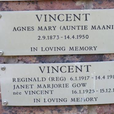 VINCENT Agnes Mary 1873-1950 :: VINCENT Reginald 1917-1980 :: GOW Janet Marjorie nee VINCENT 1925-1996