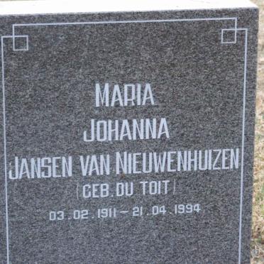 NIEUWENHUIZEN Maria Johanna, Jansen van nee DU TOIT 1911-1994