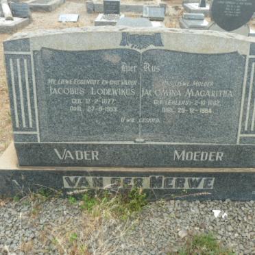 MERWE Jacobus Lodewikus, van der 1877-1953 &amp; Jacomina Magaritha EHLERS 1882-1964