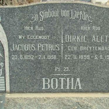 BOTHA Jacobus Petrus 1892-1958 &amp; Dirkie Aletta BREYTENBACH 1899-1980