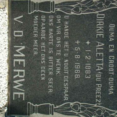 MERWE Dirkie Aletta, v.d. nee DU PREEZ 1883-1968