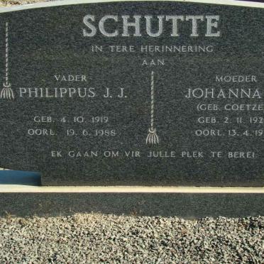 SCHUTTE Philippus J.J. 1919-1988 &amp; Johanna M. COETZER 1924-1977
