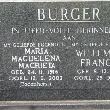 BURGER Willem Francois 1905-1974 &amp; Maria Magdalena Magrieta BADENHORST 1916-2002