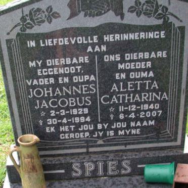 SPIES Johannes Jacobus 1929-1994 &amp; Aletta Catharina 1940-2007