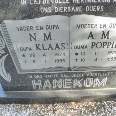 HANEKOM N.M. 1924-1995 &amp; A.M. 1920-1995