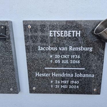 ETSEBETH Jacobus van Rensburg 1936-2016 & Hester Hendrina Johanna 1940-2024