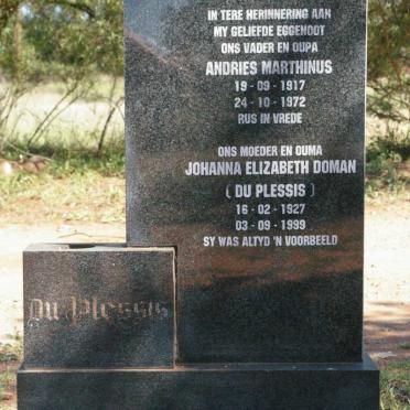 PLESSIS Andries Marthinus, du 1917-1972 &amp; Johanna Elizabeth DOMAN 1927-1999