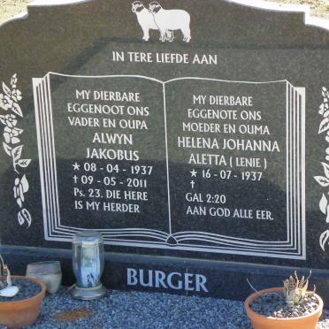 BURGER Alwyn Jakobus 1937-2011 &amp; Helena Johanna Aletta 1937-