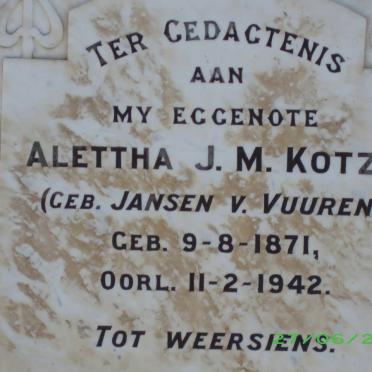 KOTZE Alettha J.M. nee JANSEN V. VUUREN 1871-1942 