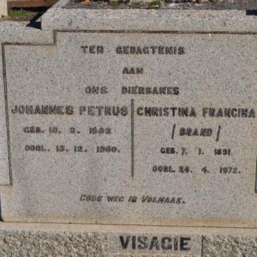 VISAGIE Johannes Petrus 1882-1960 &amp; Christina Francina BRAND 1891-1972
