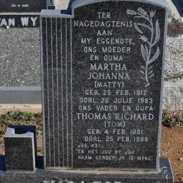 VISAGIE Thomas Richard 1901-1988 &amp; Martha Johanna 1912-1983