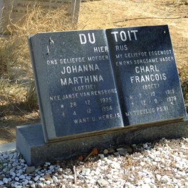 TOIT Charl Francois, du 1919-1979 &amp; Johanna Marthina JANSE VAN RENSBURG 1925-1994