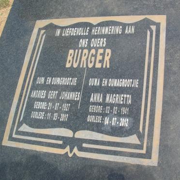 BURGER Andries Gert Johannes 1927-2012 &amp; Anna Magrietta 1941-2012