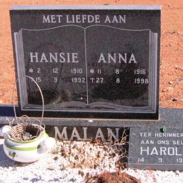 MALAN Hansie 1910-1992 &amp; Anna 1916-1998 :: MALAN Harold -1978