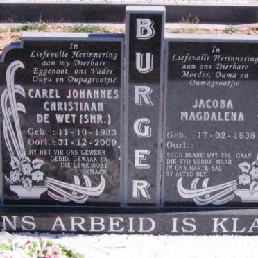 BURGER Carel Johannes Christiaan de Wet 1933-2009 &amp; Jacoba Magdalena 1938-