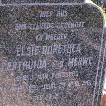 MERWE Elsie Dorothea Gertruida, v.d. nee J. VAN RENSBURG 1895-1961