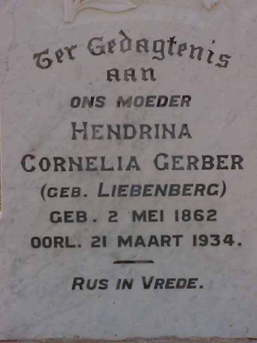 GERBER Hendrina Cornelia nee LIEBENBERG 1862-1934