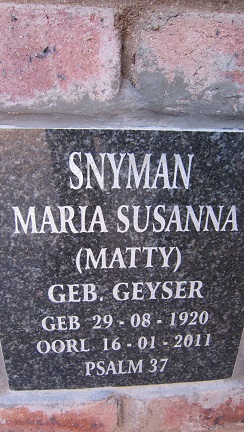 SNYMAN Maria Susanna nee GEYSER 1920-2011