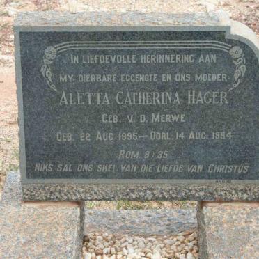 HAGER Aletta Catherina nee V.D. MERWE 1895-1954