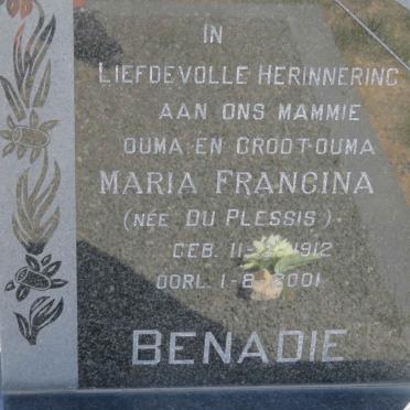 BENADIE Maria Francina nee DU PLESSIS 1912-2001