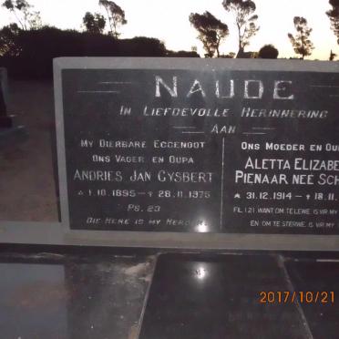 NAUDE Andries Jan Gysbert 1895-1975 &amp; Aletta Elizabeth Pienaar nee SCHMIDT 1914-2001
