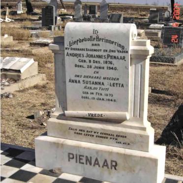 PIENAAR Andries Johannes 1876-1940 &amp; Anna Susanna Aletta DU TOIT 1873-1945