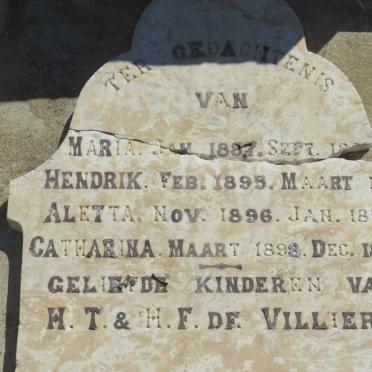 VILLIERS Maria, de 1887-1887 :: DE VILLIERS Hendrik 1895-1895 :: DE VILLIERS Aletta 1896-1897 :: DE VILLIERS Catharina 1898-1898