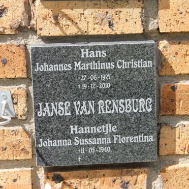 RENSBURG Johannes Marthinus Christian, Janse van 1927-2010 &amp; Johanna Sussanna Florentina 1940-