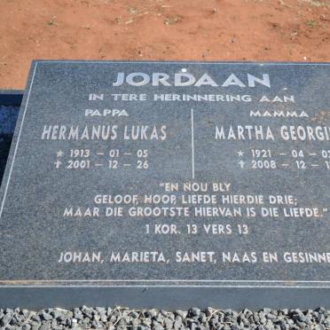 JORDAAN Hermanus Lukas 1913-2001 &amp; Martha Georgina 1921-2008