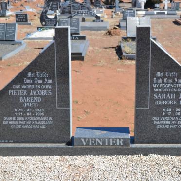 VENTER Pieter Jacobus Barend 1923-2005 &amp; Sarah Jacoba BURGER 1934-1999