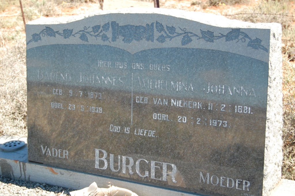 BURGER Barend Johannes 1873-1938 &amp; Wilhelmina Johanna VAN NIEKERK 1881-1973