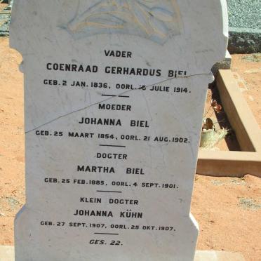 BIEL Coenraad Gerhardus 1836-1914 &amp; Johanna 1854-1902, BIEL Martha 1885-1901, KÜHN Johanna 1907-1907