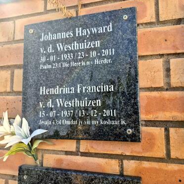 WESTHUIZEN Johannes Hayward, v.d. 1933-2011 & Hendrina Francina 1937-2011