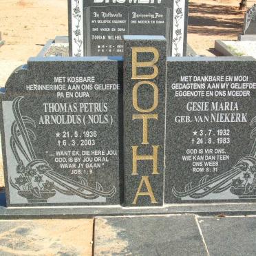 BOTHA Thomas Petrus Arnoldus 1936-2003 &amp; Gesie Maria VAN NIEKERK 1932-1983