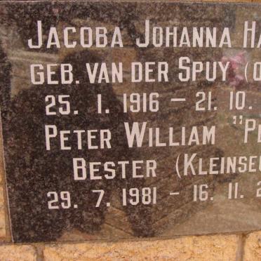 HATTINGH Jacoba Johanna nee VAN DER SPUY 1916-2002 :: BESTER Peter William 1981-2002