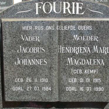 FOURIE Jacobus Johannes 1910-1984 &amp; Hendriena Maria Magdalena KEMP 1915-1990