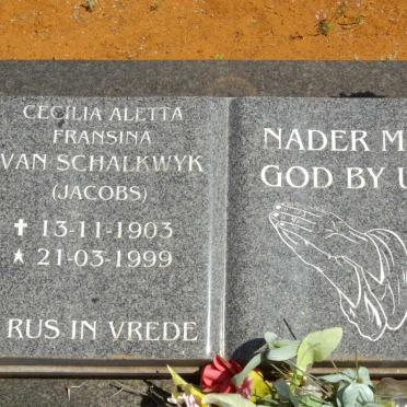 SCHALKWYK Cecilia Aletta Fransina, van voorheen JACOBS nee LOMBAARD 1903-1999
