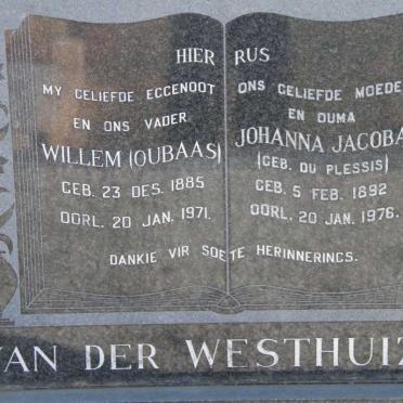 WESTHUIZEN Willem, van der 1885-1971 &amp; Johanna Jacoba DU PLESSIS 1892-1976