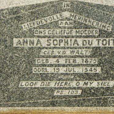 TOIT Anna Sophia, du nee V.D. WALT 1875-1945