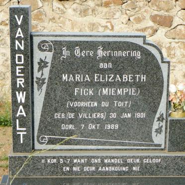 WALT Maria Elizabeth, van der Fick voorheen DU TOIT nee DE VILLIERS 1901-1989