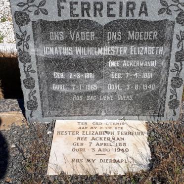 FERREIRA Ignatius Wilhelm 1881-1965 &amp; Hester Elizabeth ACKERMANN 1881-1940