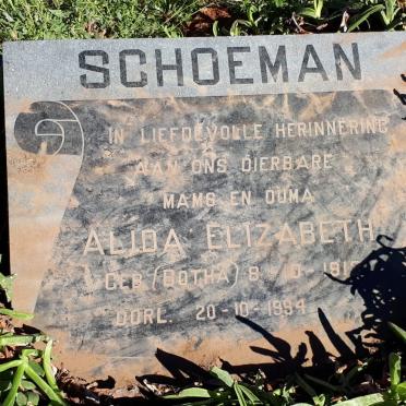 SCHOEMAN Alida Elizabeth nee BOTHA 1912-1994